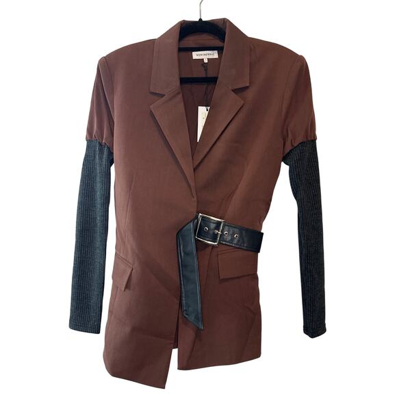 WeWoreWhat NWT Rib Sleeve Brown & Black Belted Blazer Size Small - Picture 3 of 12